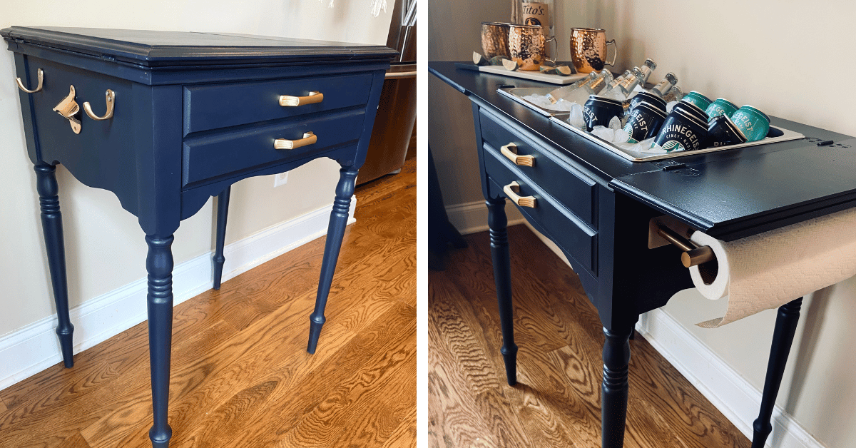 OLD SEWING MACHINE TABLE UPCYCLED INTO A DRINK STATION